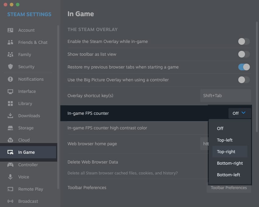 enable steam in game FPS counter