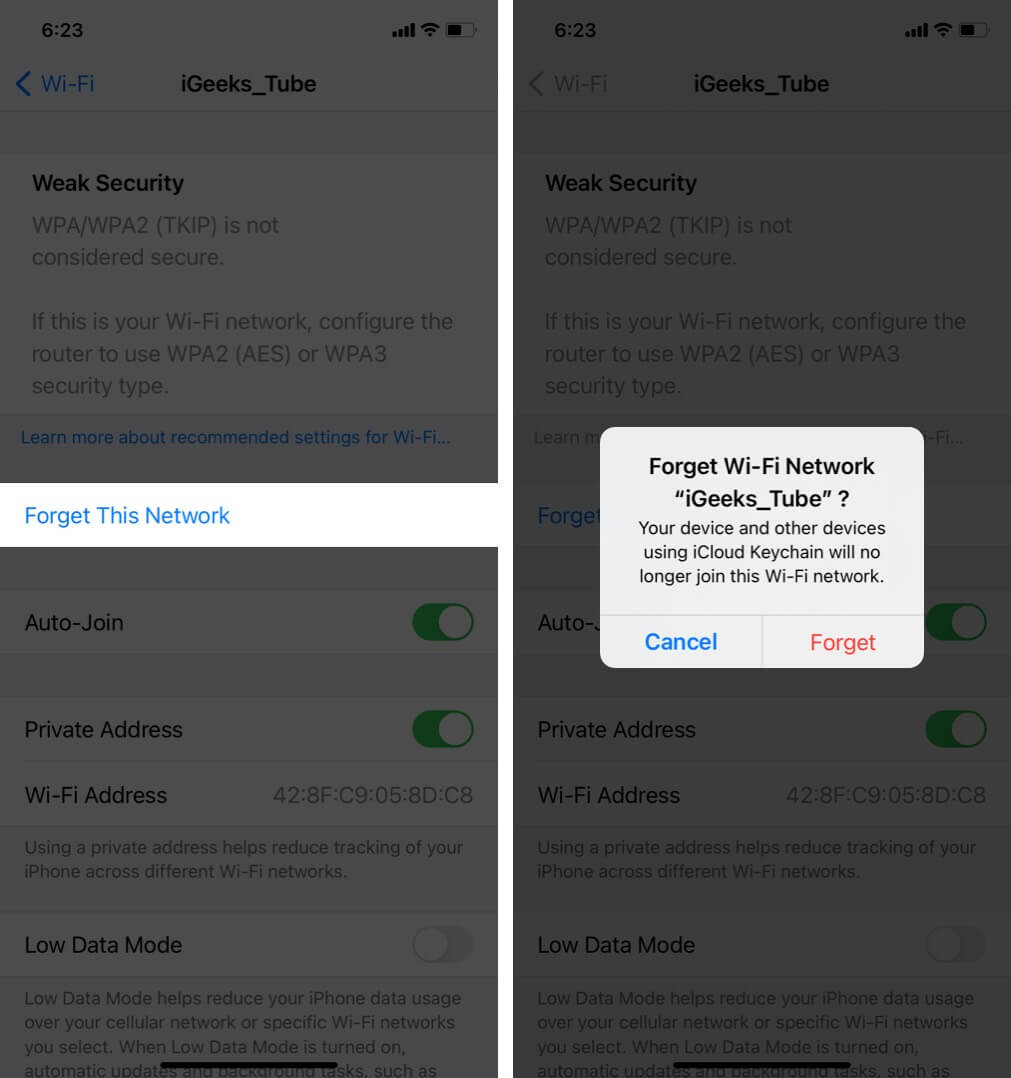 forget wi fi network on iphone
