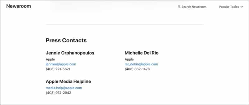 Media or press contact numbers from Apple Newsroom