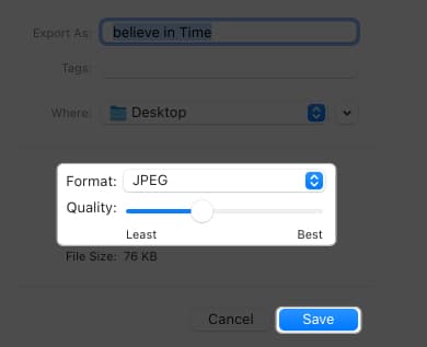 select format as JPEG adjust quality click ok in image export