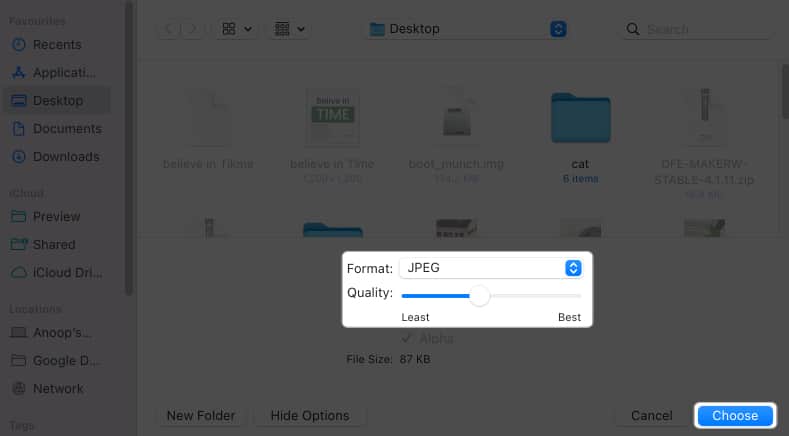 select format as jpeg adjust quality click choose in photo export