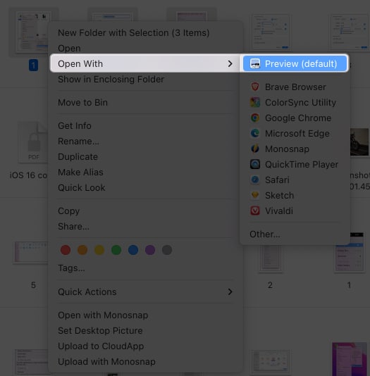 select images right click on an image click open with select preview in finder