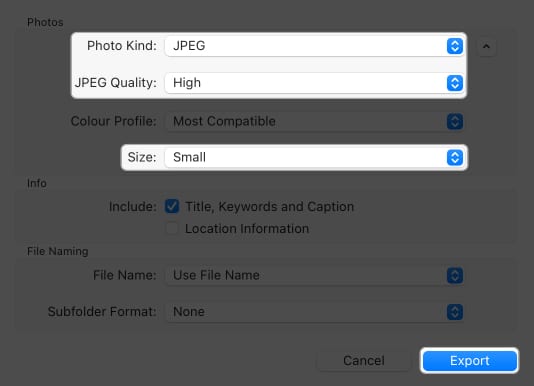 select photo kind as jpeg jpeg quality as high image size as small click export in image export