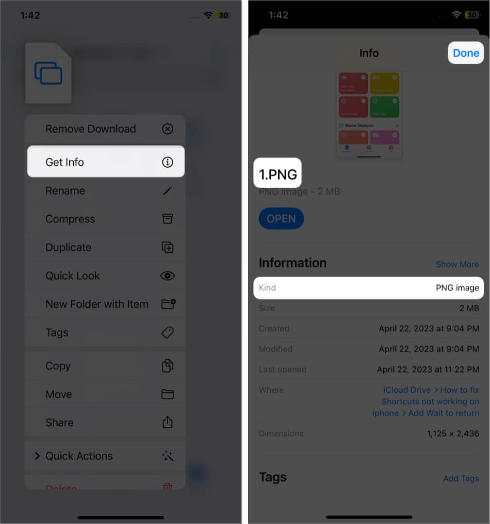 tap and hold the file select get info see file kind tap done in files