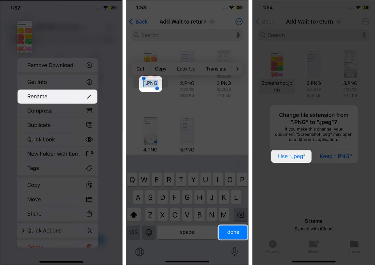 tap and hold the file select rename remove the file name type new extension tap done select use extension name in files