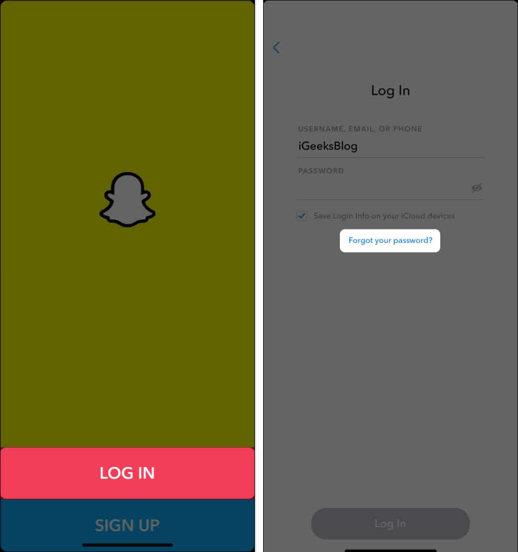 tap log in forgot your password