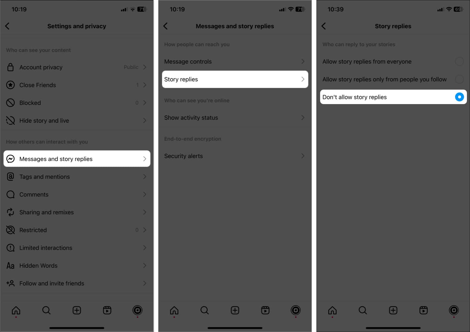 tap messages and story replies message controls select don't allow story replies in instagram