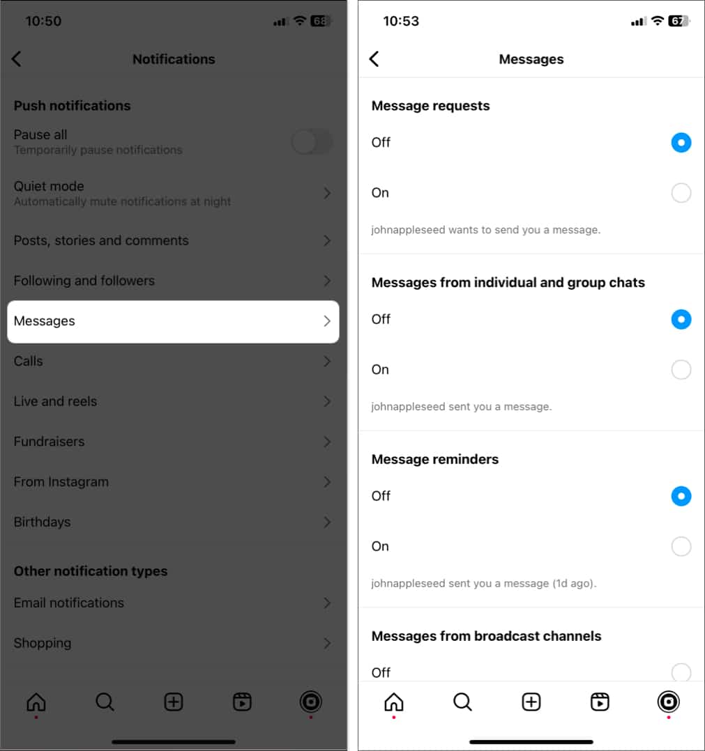 tap messages select off for all options in instagram