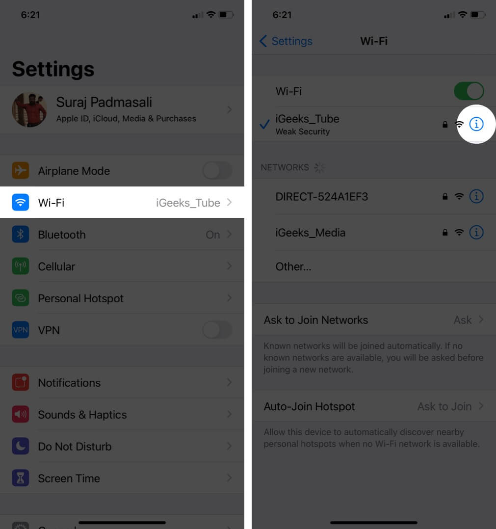 tap on wi fi in settings app and then tap on i next to connected wi fi on iphone
