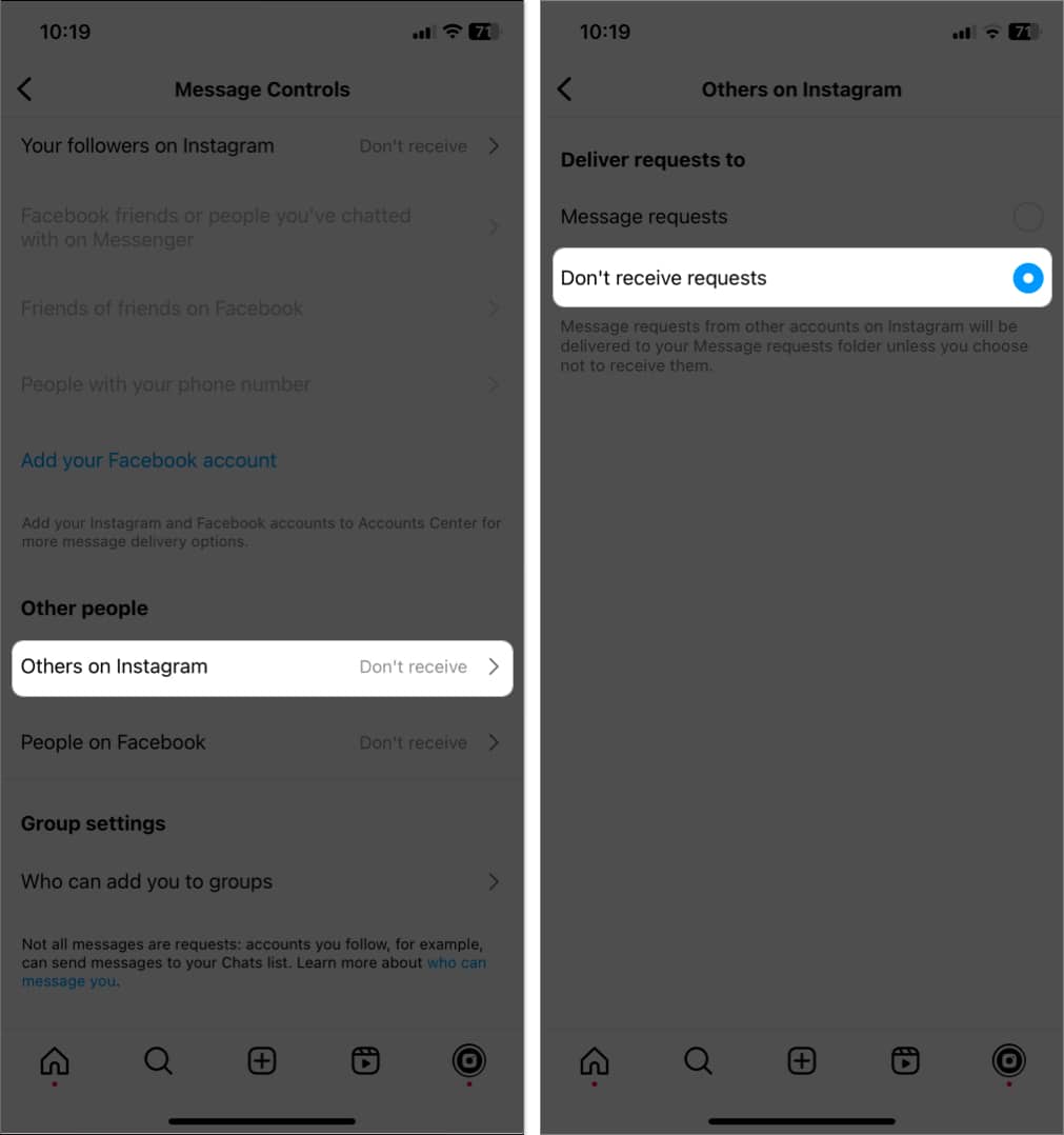 tap others on instagram select don't receive message request in instagram