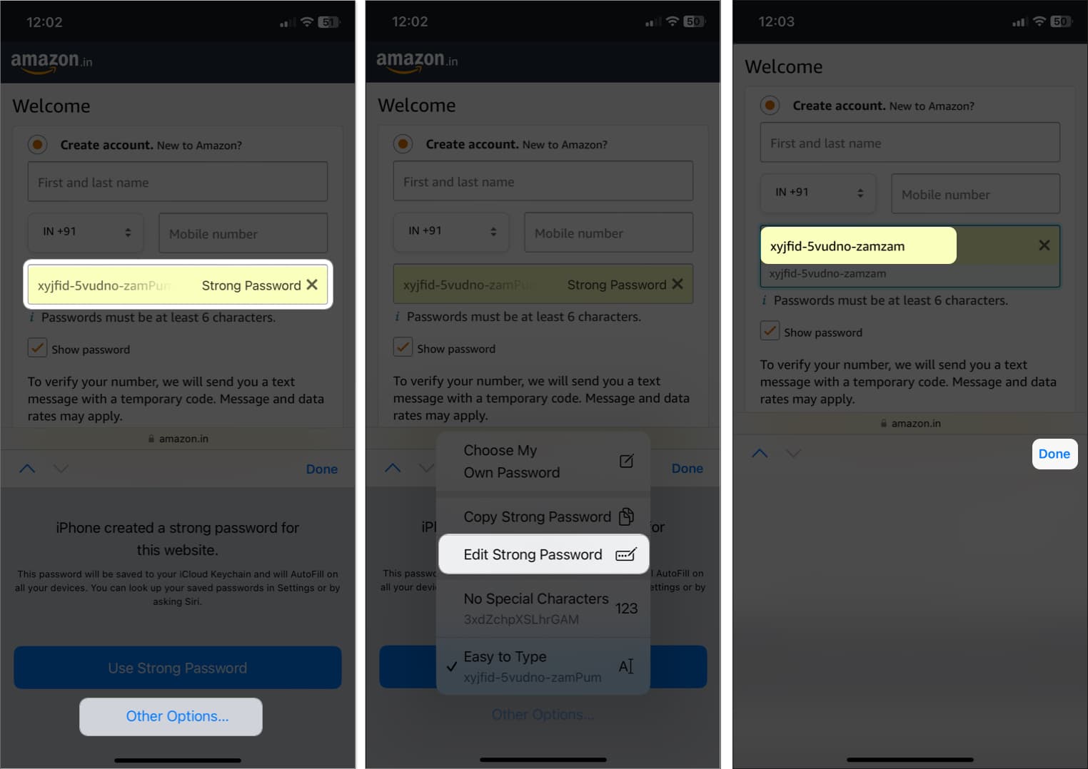 tap password section other options edit suggested passwords type password tap done in safari