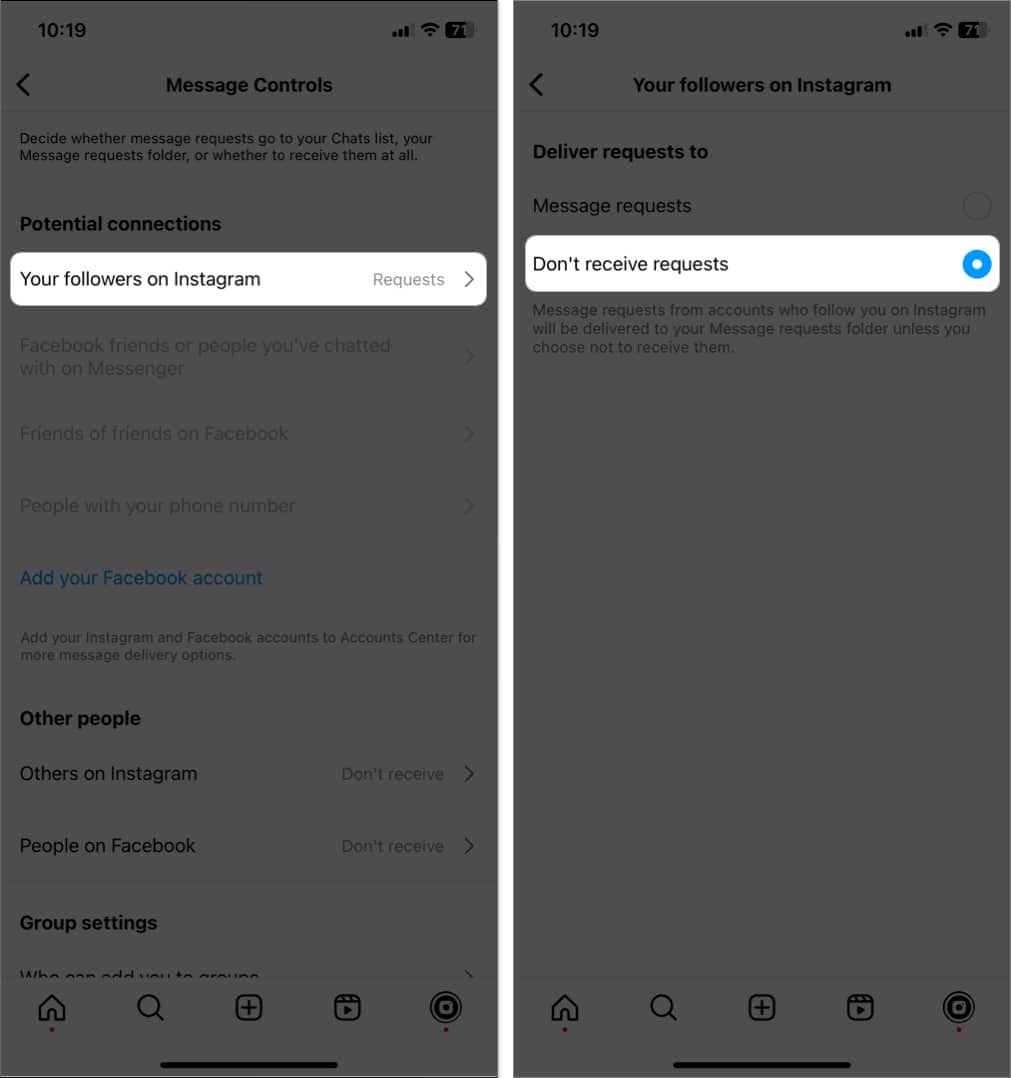 tap your followers on instagram select don't receive message request in instagram