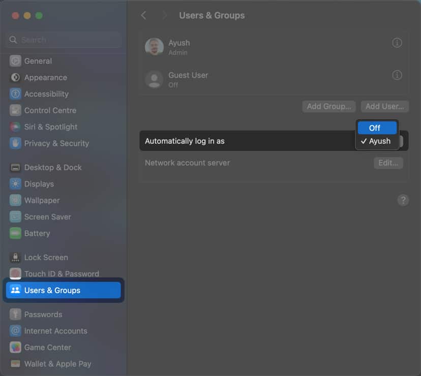 Navigate to Users  Groups and turn off automatically log in