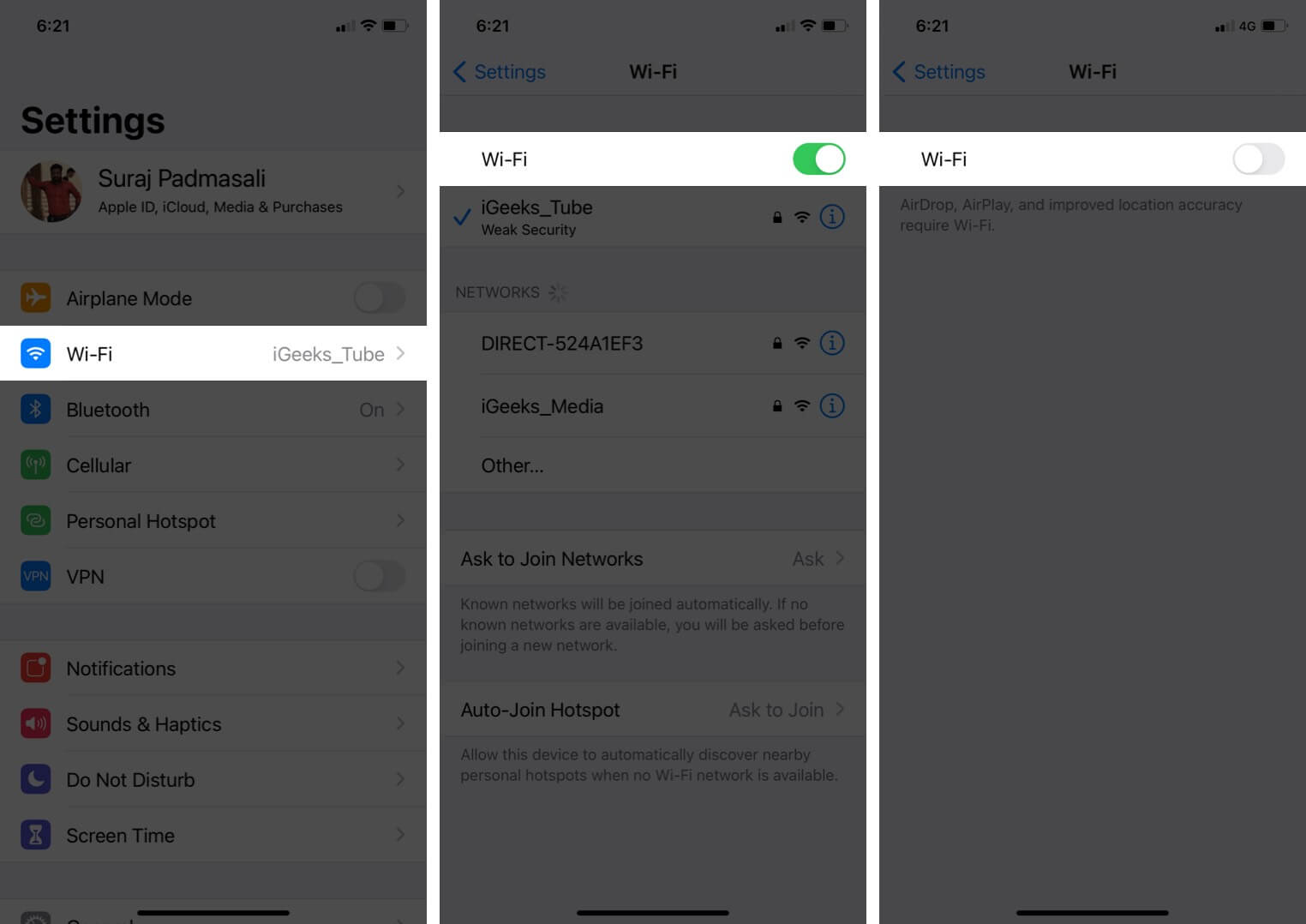 turn off wi fi network on iphone