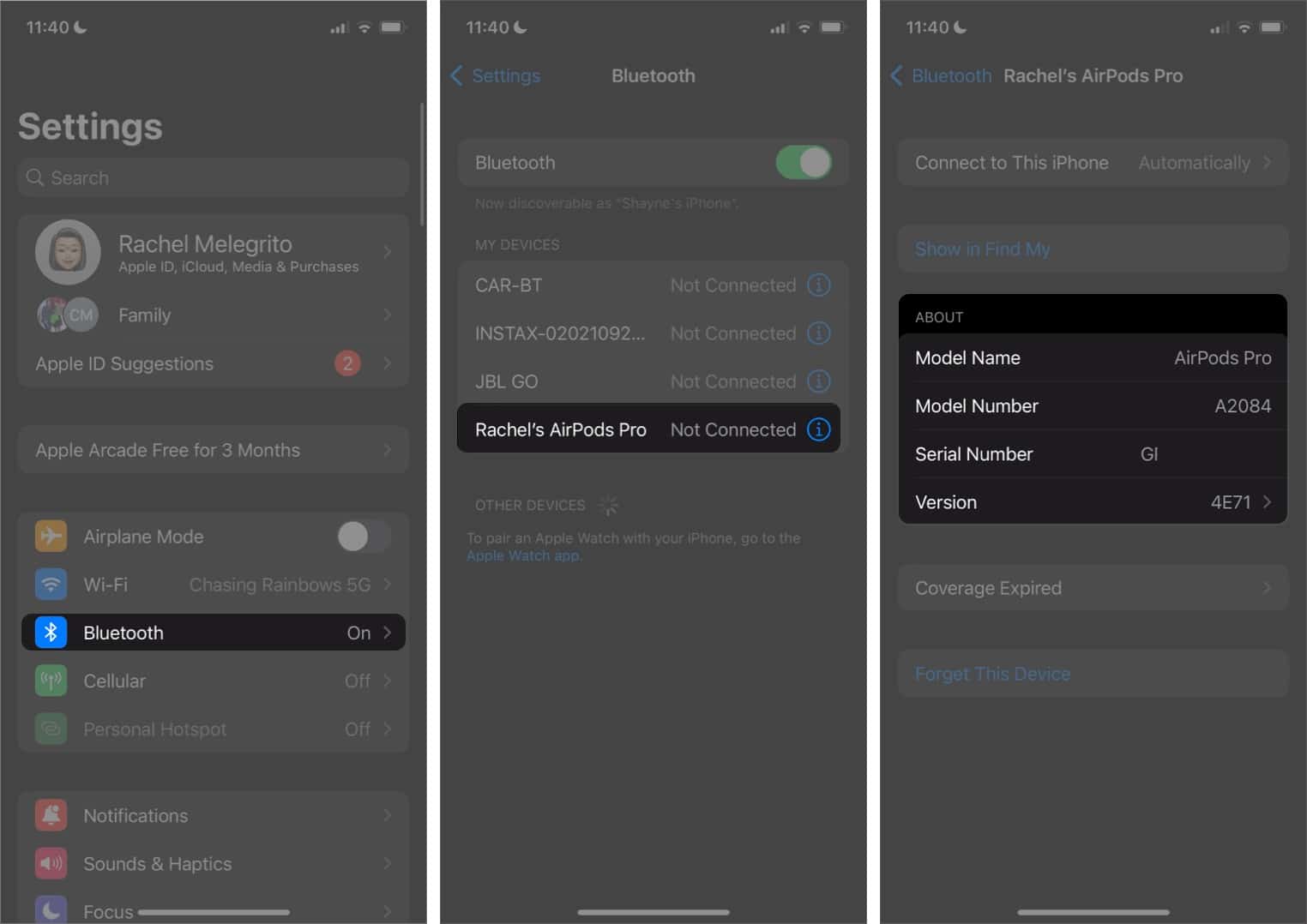 AirPods in Bluetoth Settings on iPhone