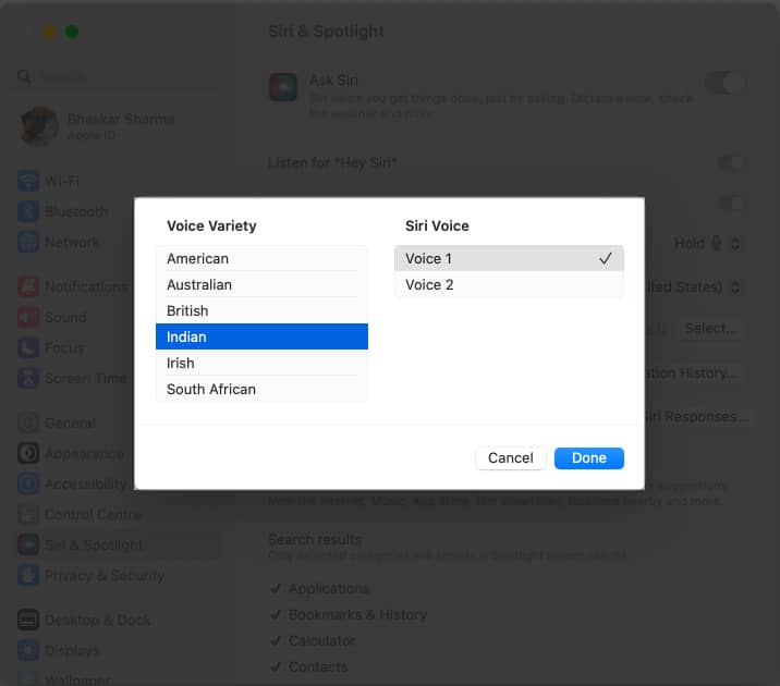 Choose the voice you'd like to use for Siri and click Done