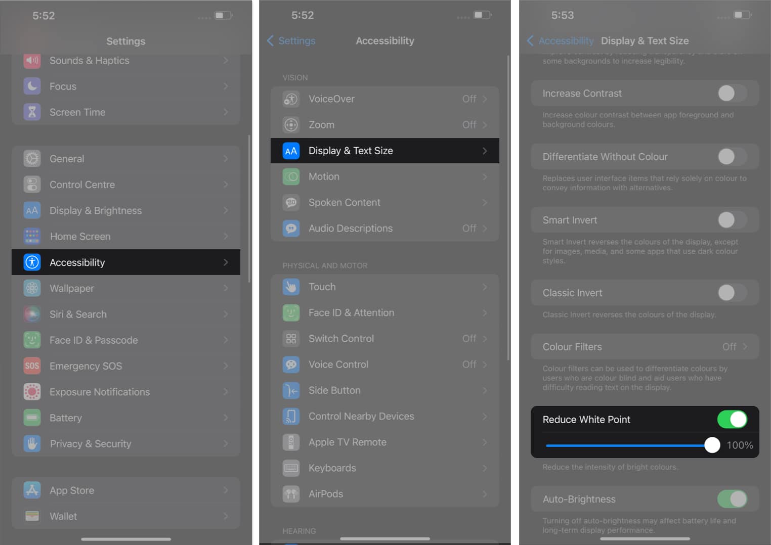 Display  Text Size option Now toggle on the Reduce White Point option and shift the slider to 100 in settings