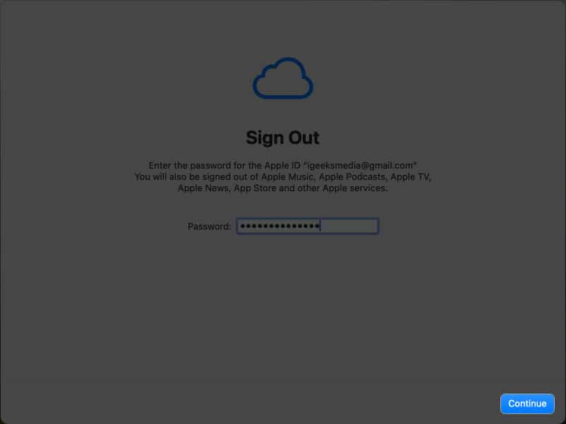 Enter Apple ID password Continues