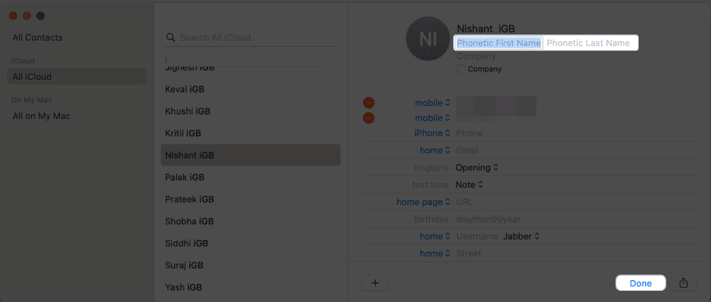 Enter the correct phonetic spelling of the contact and click Done