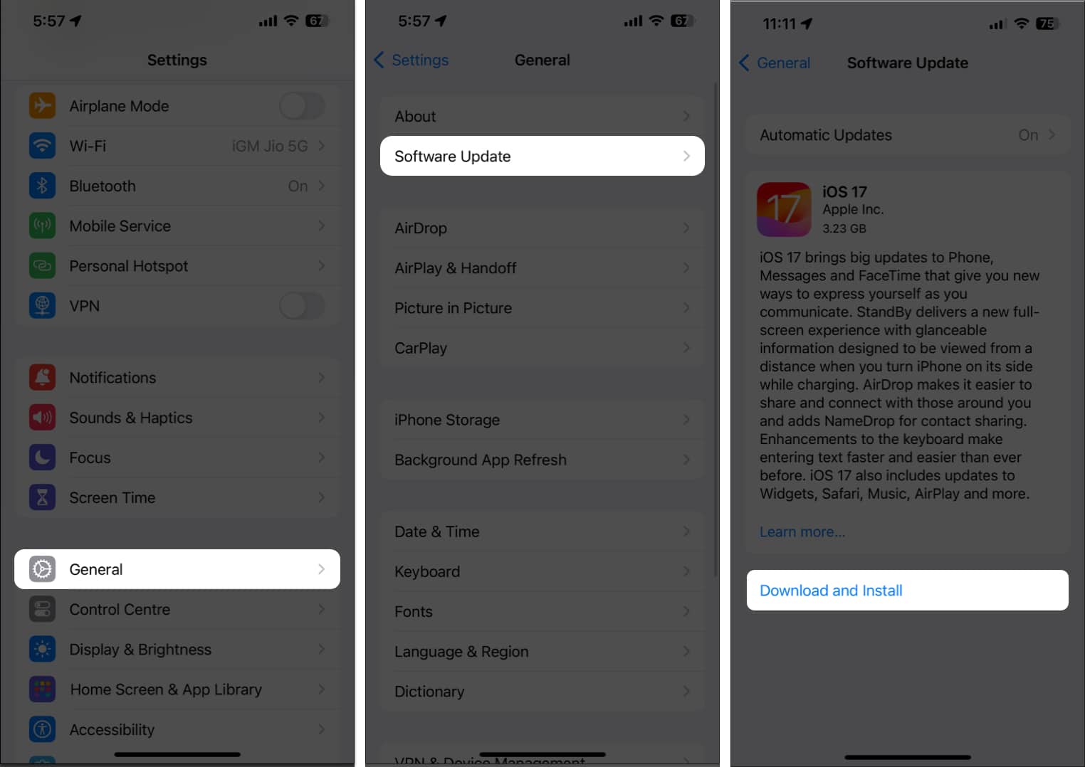 Checking for pending software updates on an iPhone