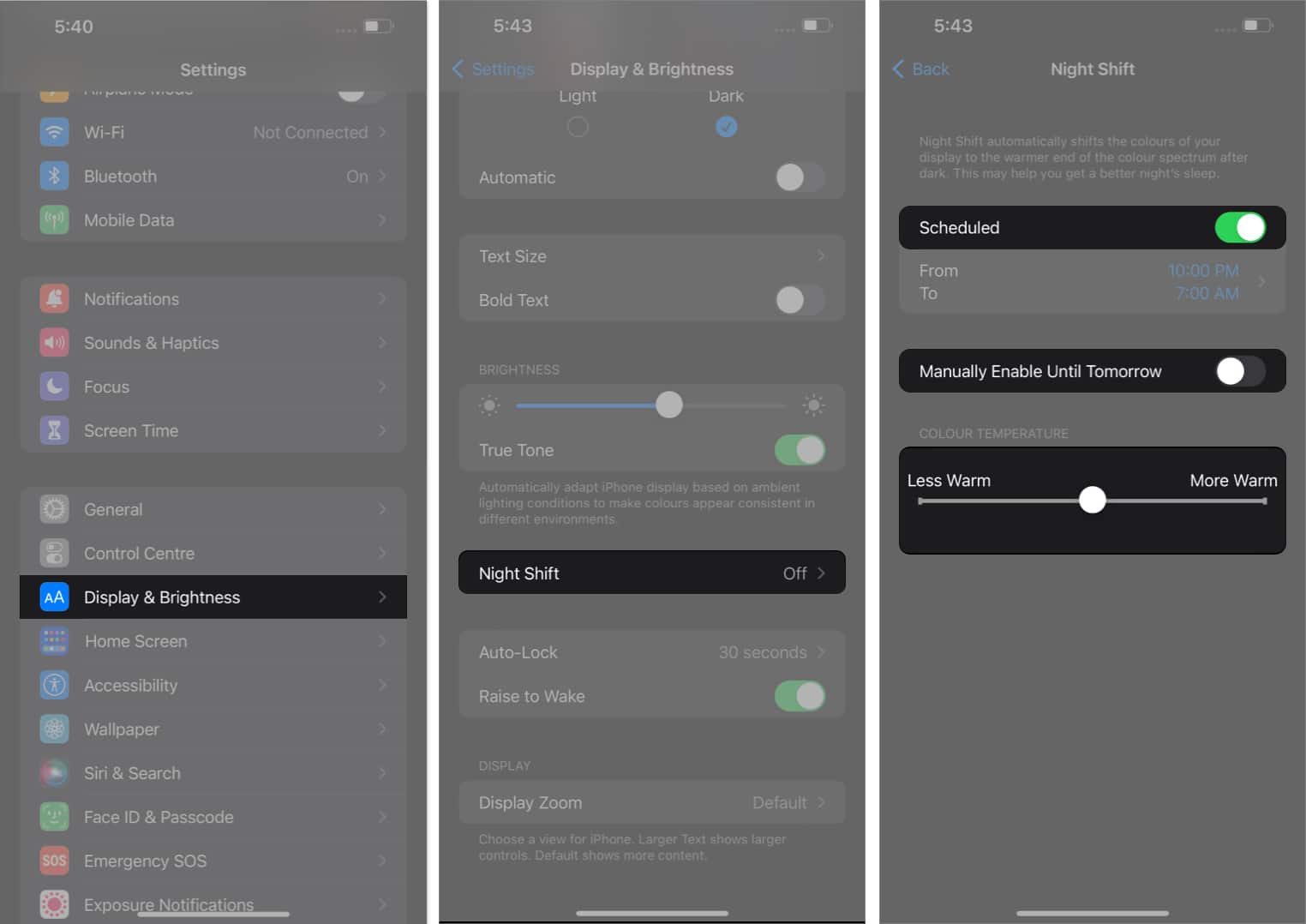 Go to Display  Brightness choose the Night Shift option make changes in settings