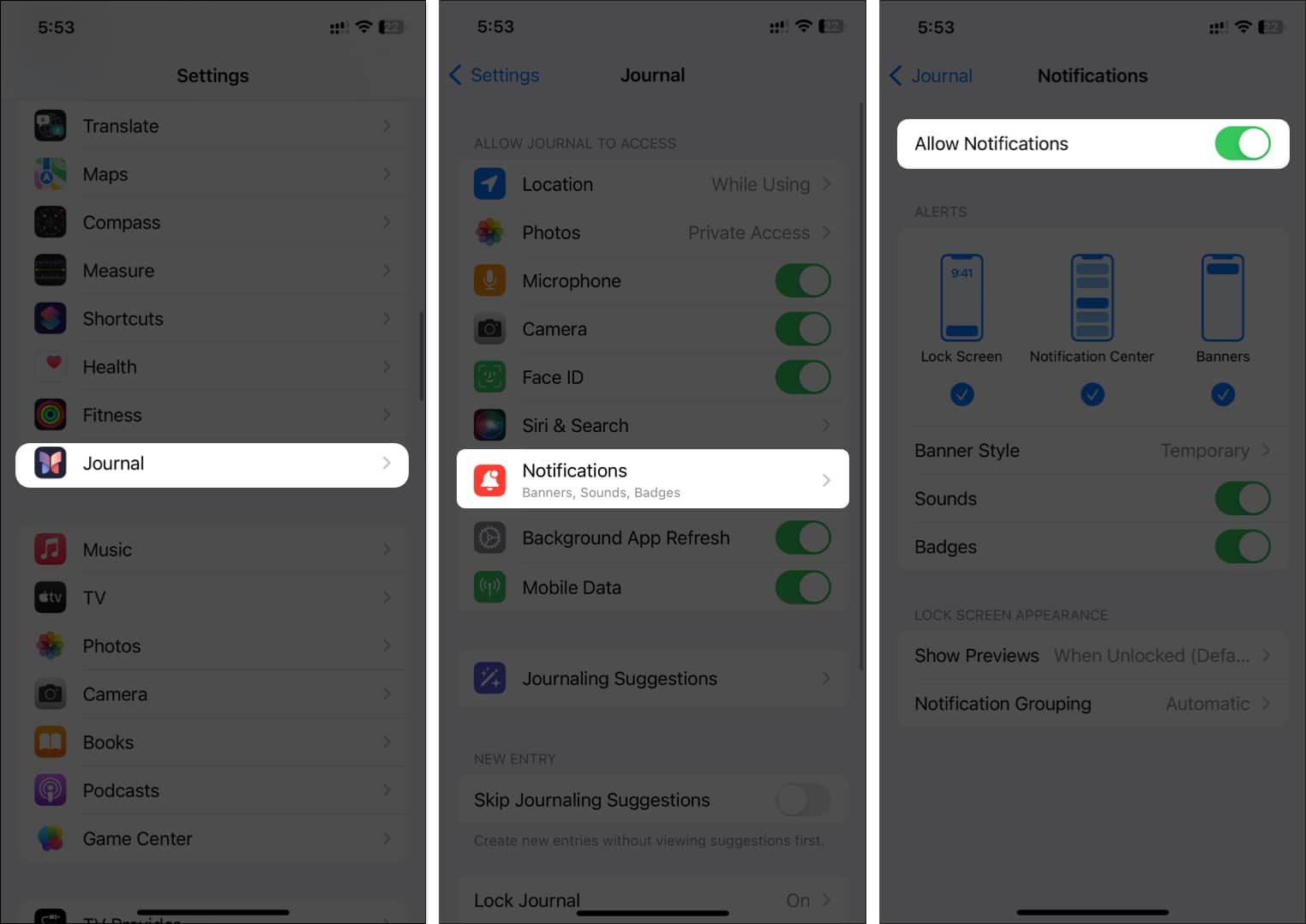 Go to Journal Tap Notifications and Toggle of Allow Notifications