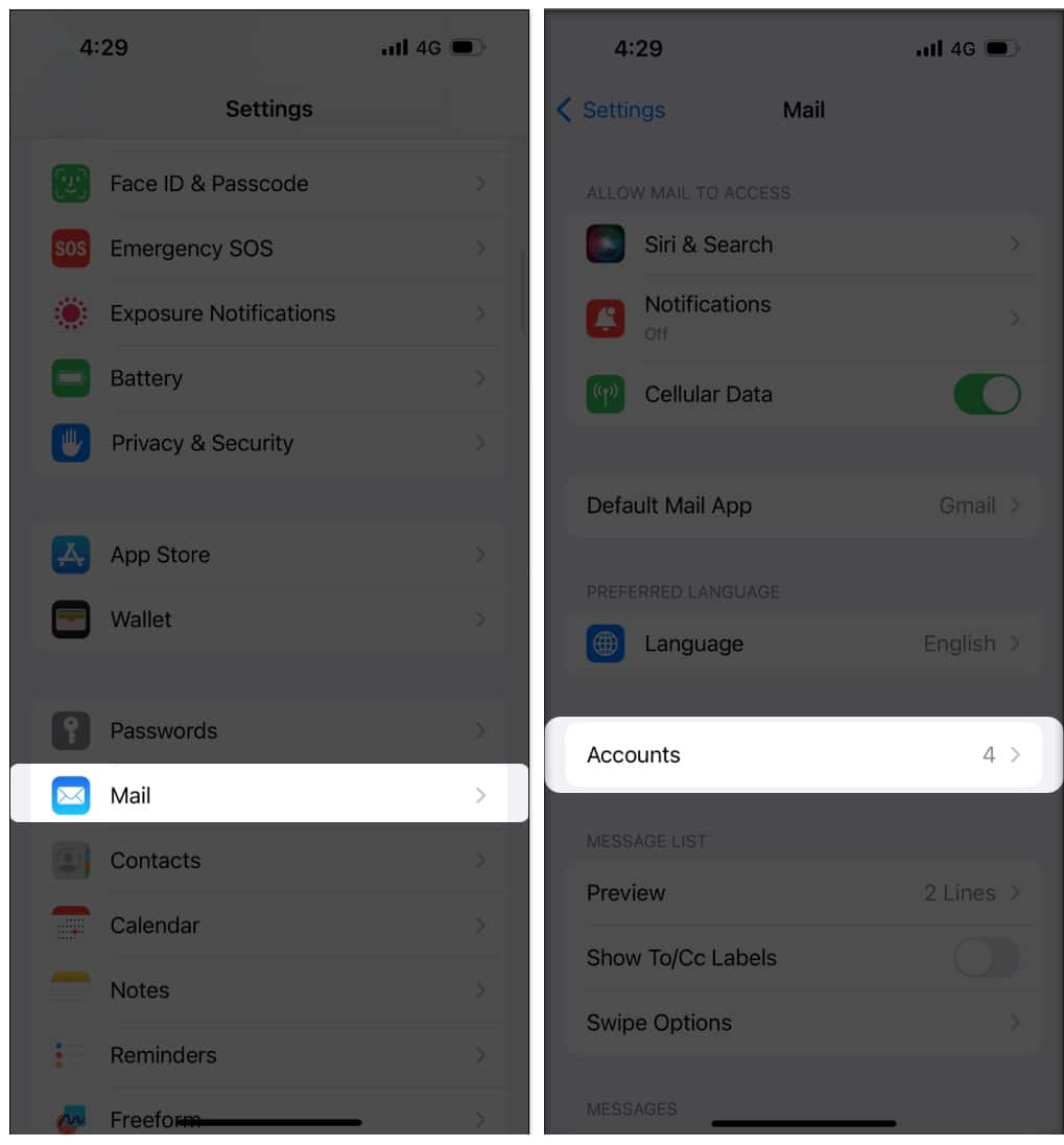 Go to Setting Tap Mail Choose Accounts