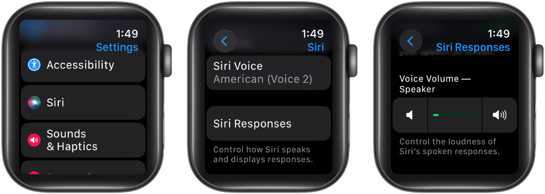 Go to Siri Select Siri Responses and Adjust the Voice volume speaker