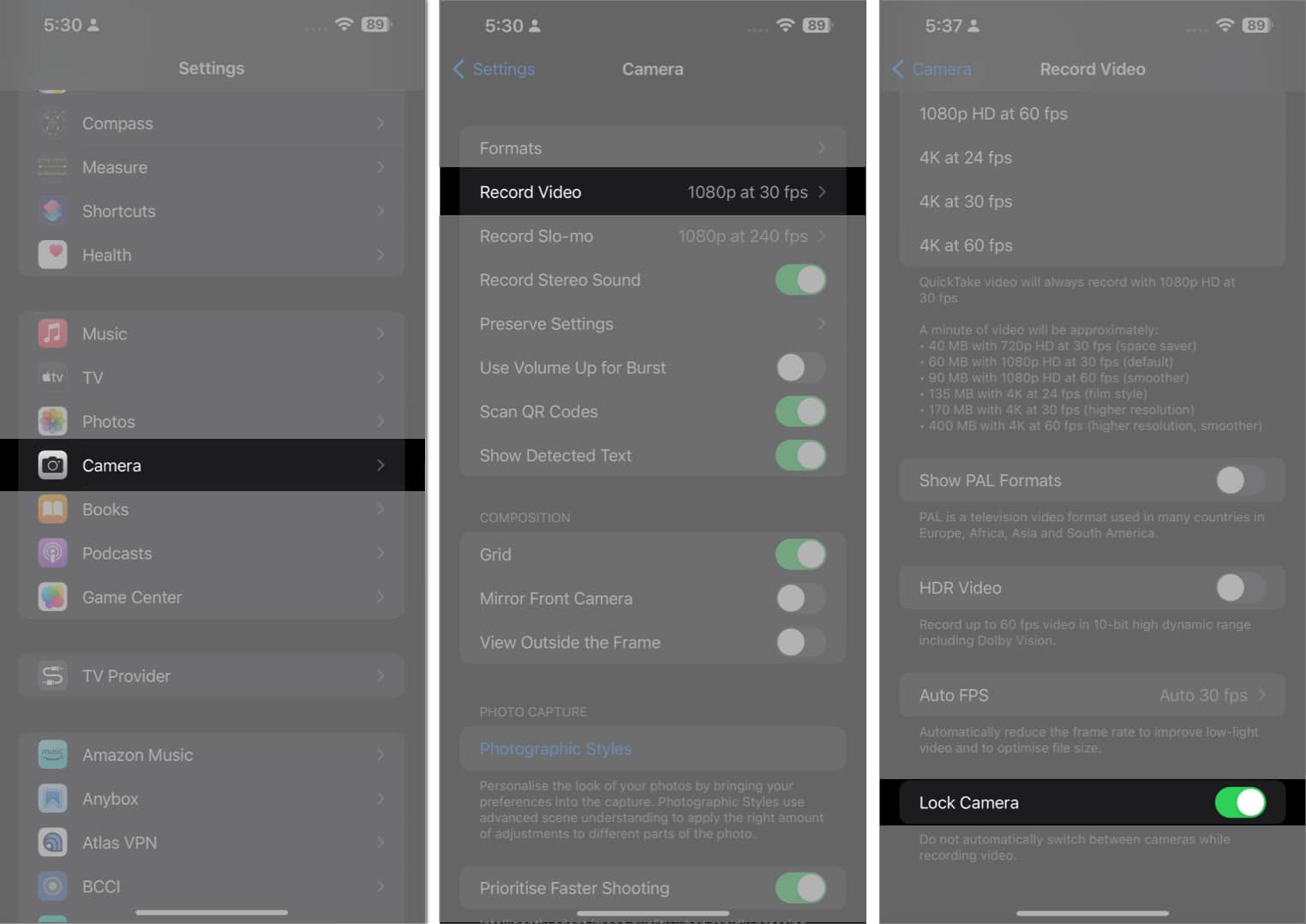 Go to camera record video lock camera in Settings app