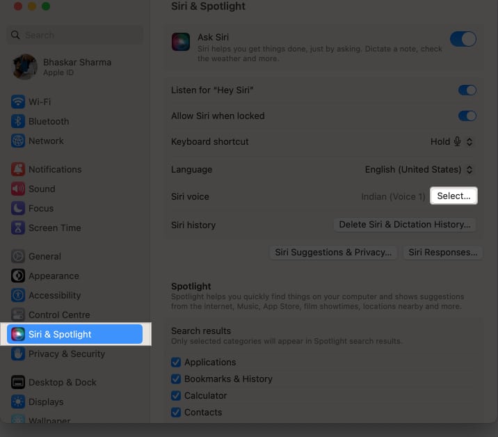 Head to System Settings Siri  Spotlight and click the Select button next to Siri Voice