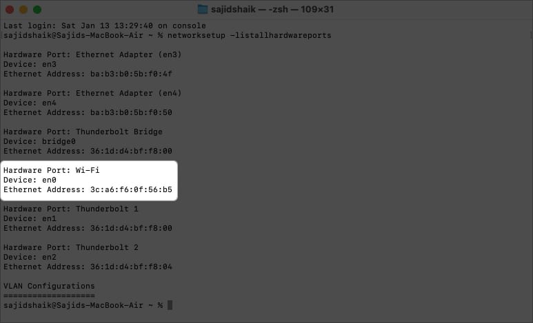 Image highlighting Hardware Port  Wi Fi  Device section in the terminal