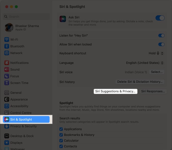 Navigate to System Settings Siri  Spotlight and click on Siri Suggestions  Privacy