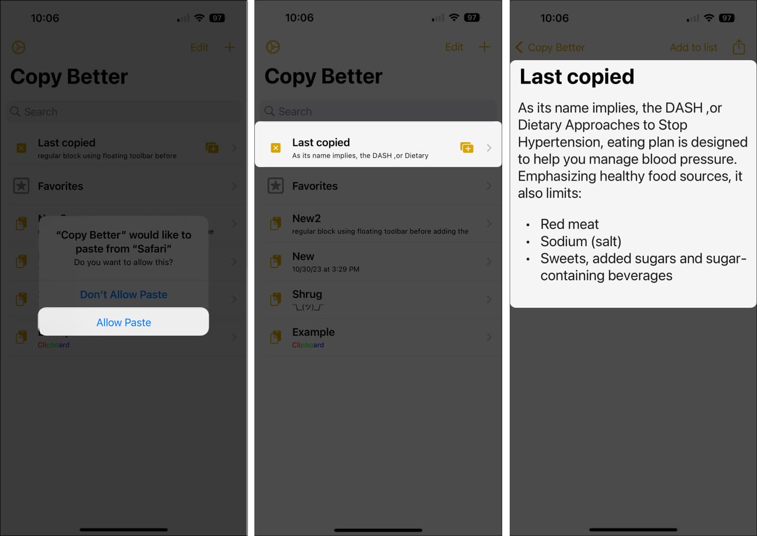 Open Copy Better tap Allow when prompted and select the Last copied
