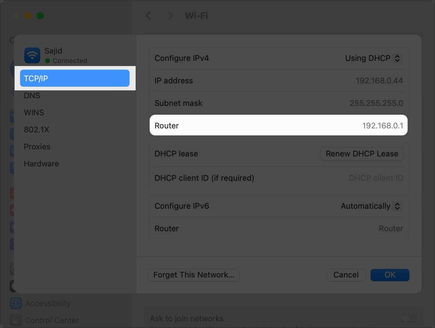 Router IP address in TCPIP details in System Settings