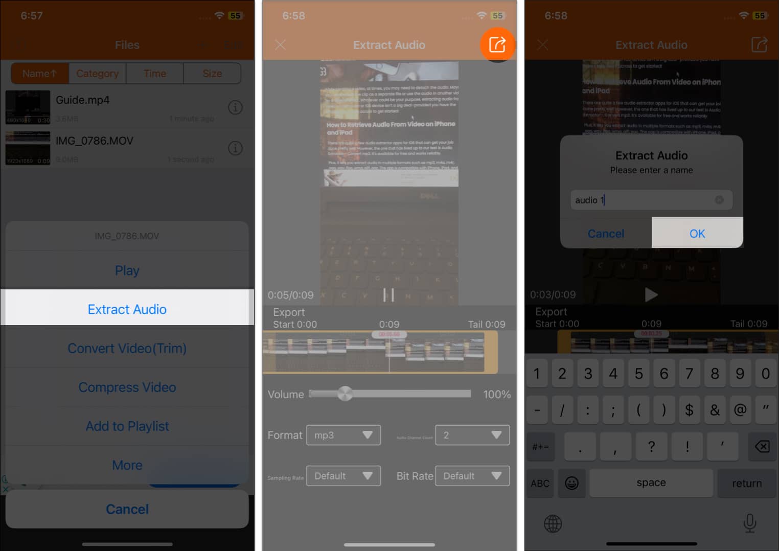 Select Extract Audio tap export icon rename file and tap Ok