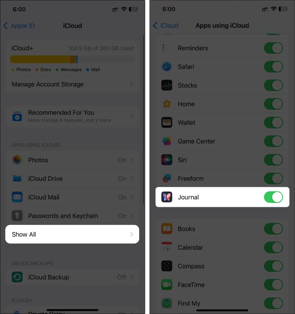 Select Show All and Toggle on Journal