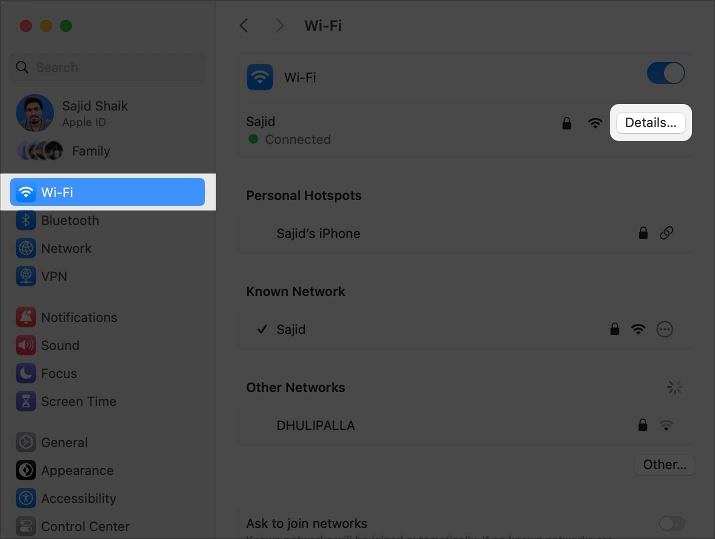 Select Wi Fi and then Details next to connected Wi Fi