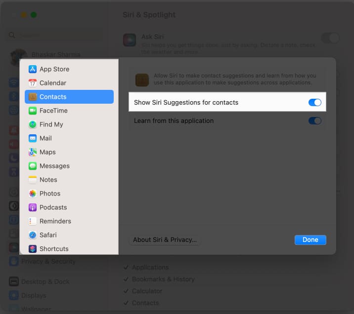 Select a tool from the left pane toggle on or off Show Siri Suggestions in application and click Done