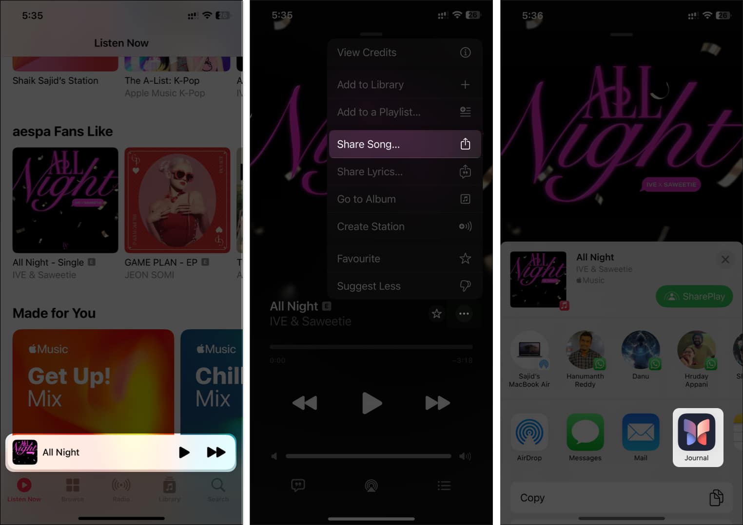 Select the song tap three dots and share song then select the Journal app