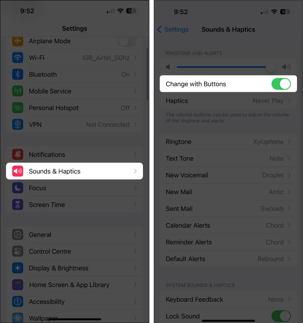 Sound  Haptics Change with buttons
