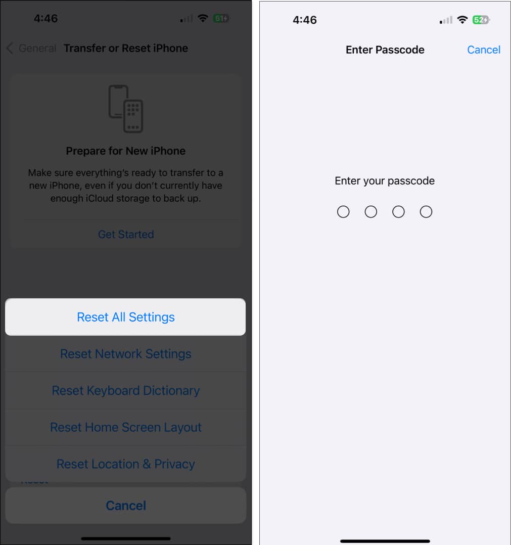 Tap Reset All Settings Enter Passcode