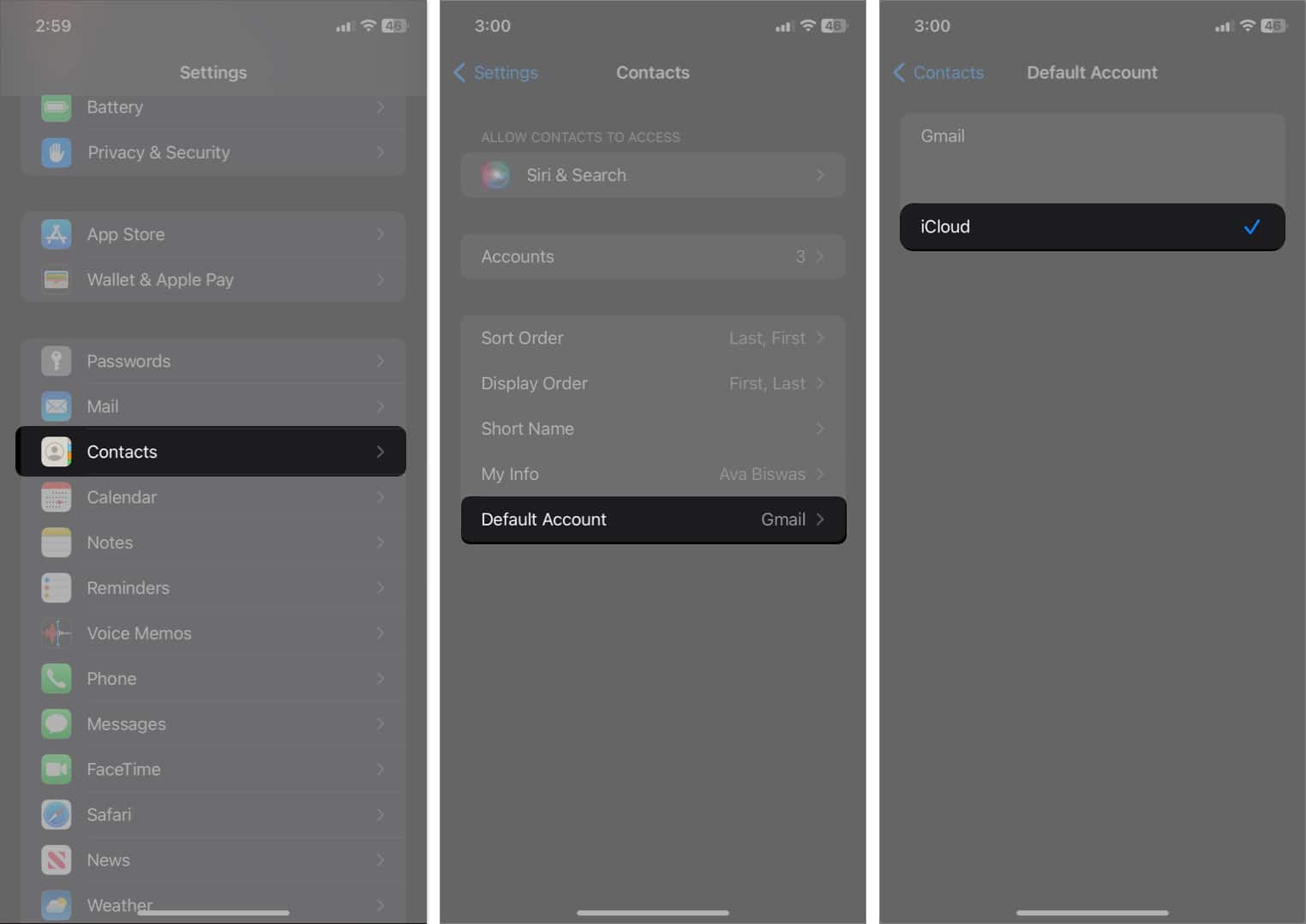 Tap contacts tap Default account select iCloud in Settings