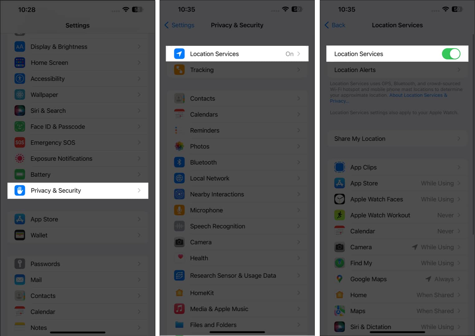 Tap privacy  security location services toggle off location services in settings app