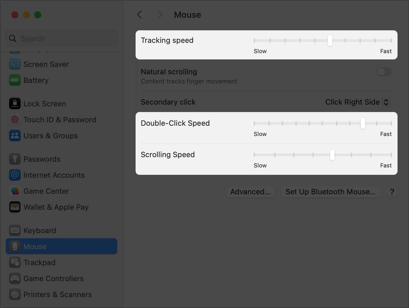 Tracking Scrolling and Double click speeds in Mouse settings