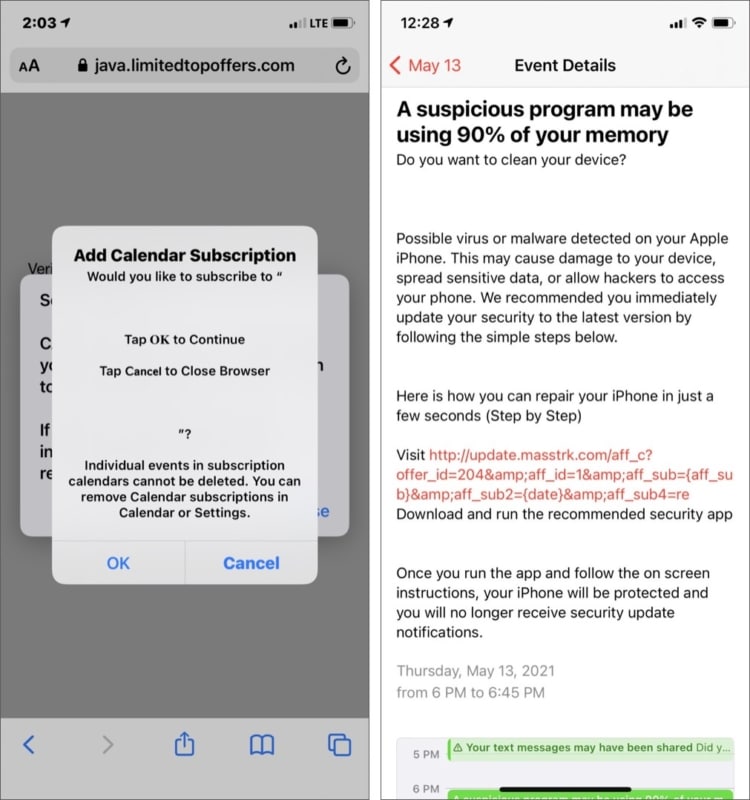 Where does iPhone get the calendar virus from
