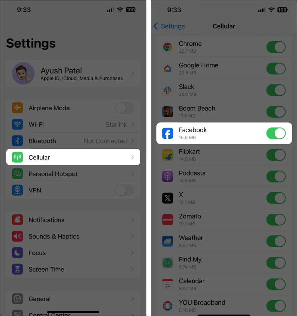 allow facebook to access cellular data