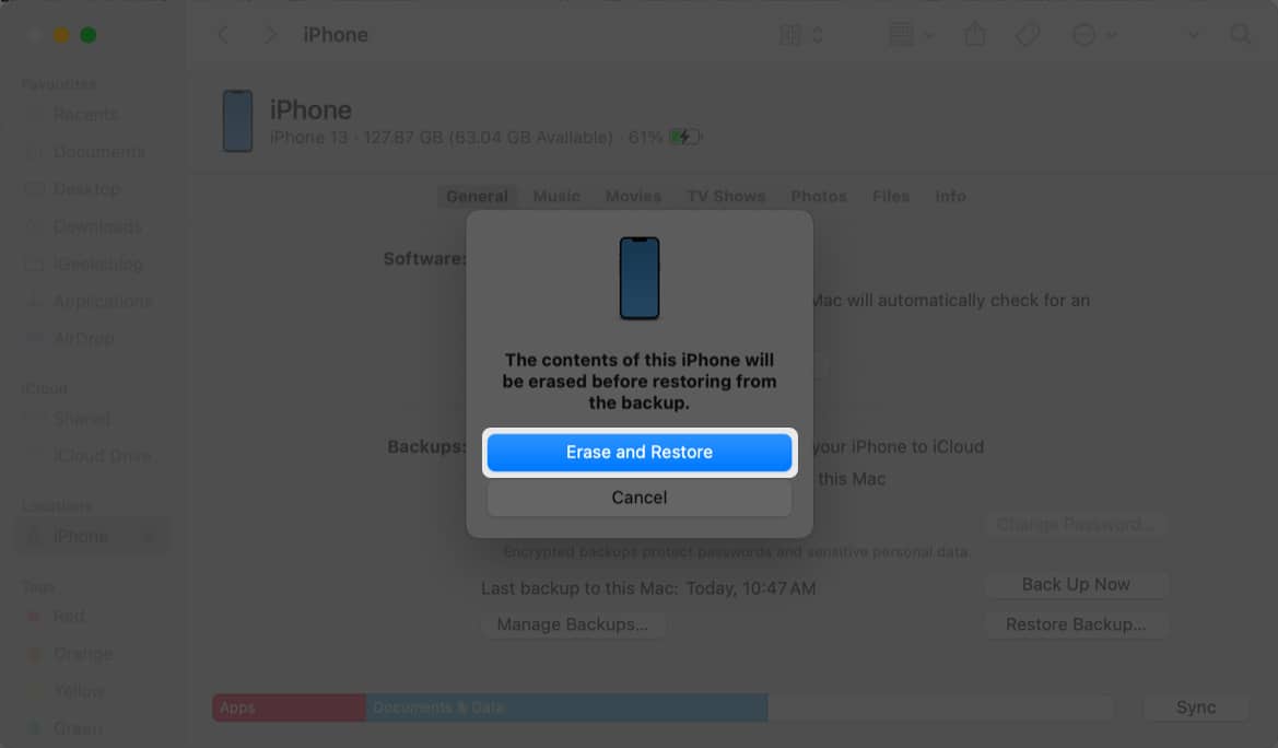 click erase and restore