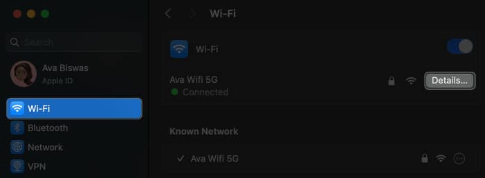 click wi fi select details in system settings