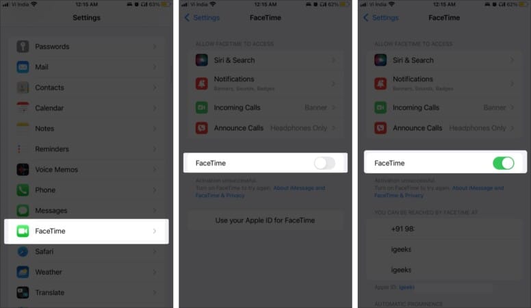 Disable and re enable FaceTime to fix your SharePlay