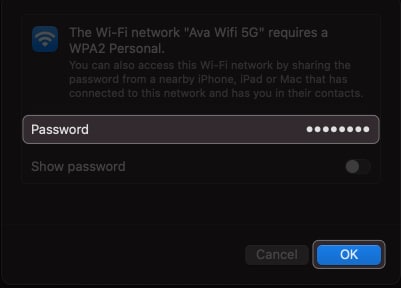enter password and click ok in wi fi settings